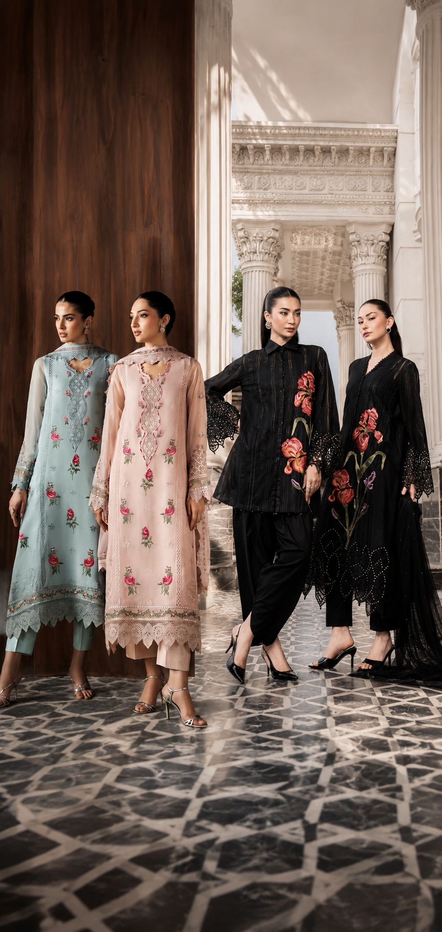 MK Signature — four models in Pakistani designer suits inside a marble colonnade