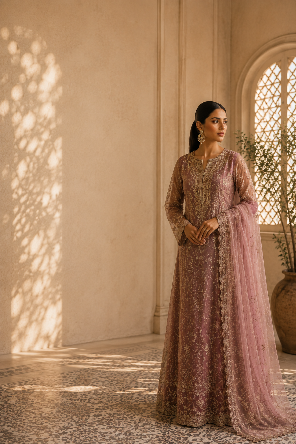 Model in a mauve embroidered Pakistani suit in a sunlit marble hall