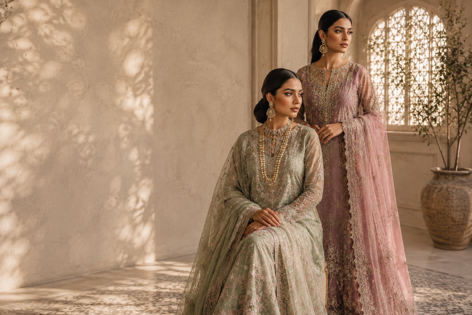 Two models in embroidered Pakistani designer suits in a sunlit marble hall